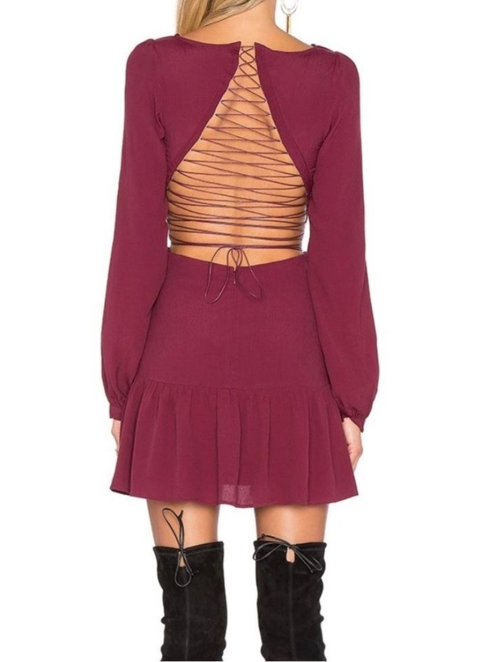 For Love & Lemons Lace Up Long Sleeve Mini Dress in Wine Red Size Small - Picture 2 of 10